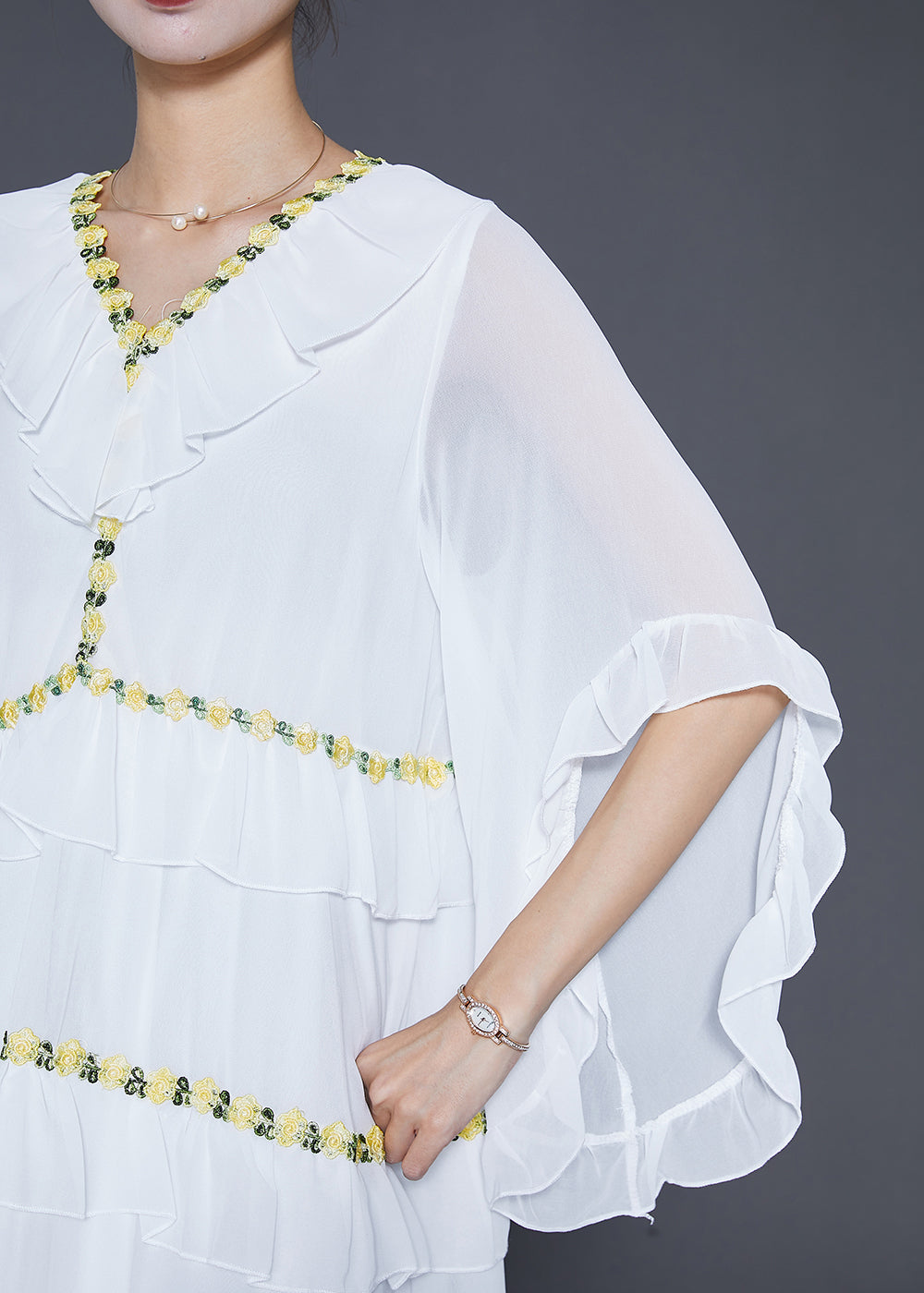 Chiffon V-Neck Ruffle Butterfly Sleeve Tiered Floral Maxi Dress - View 5