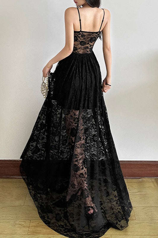 Sleeveless Ruffled Waist Maxi Lace Dress - View 8