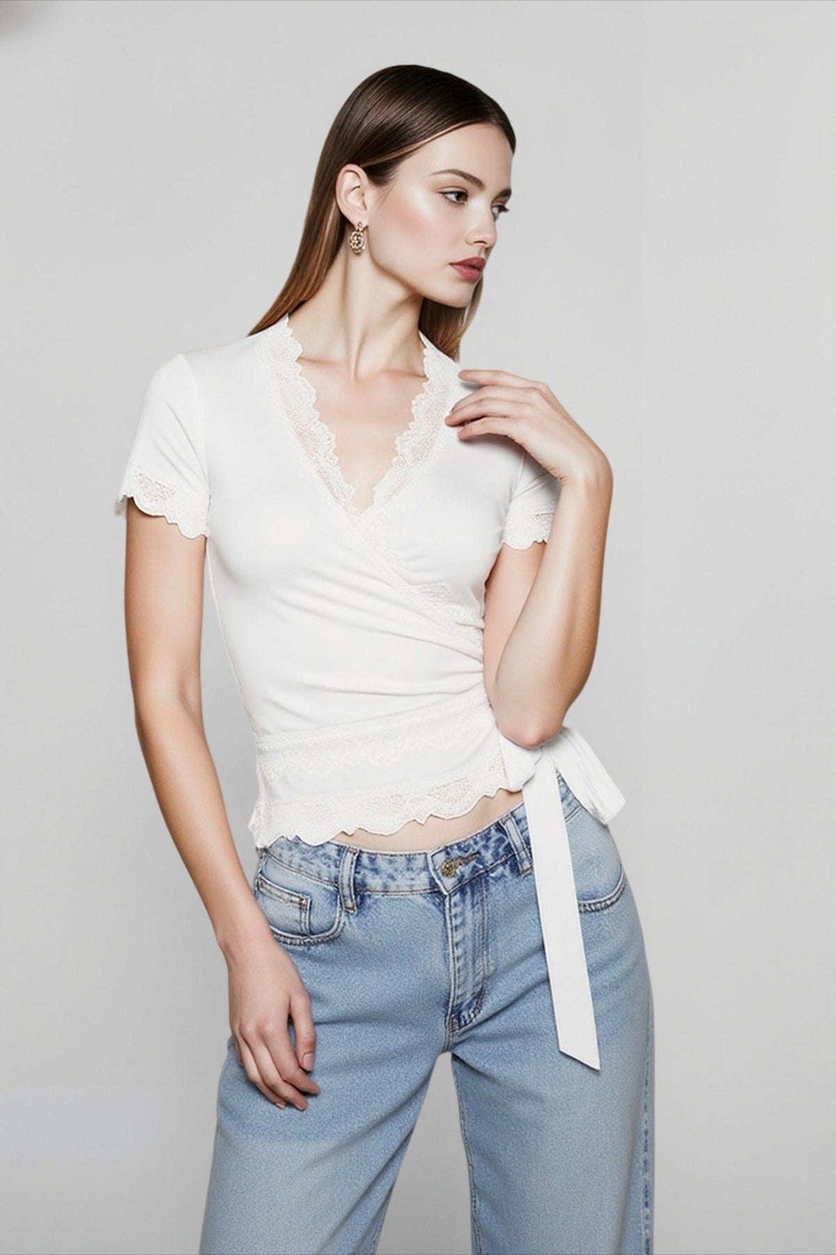V-Neck Lace Trim Short Sleeve Wrap Top 2