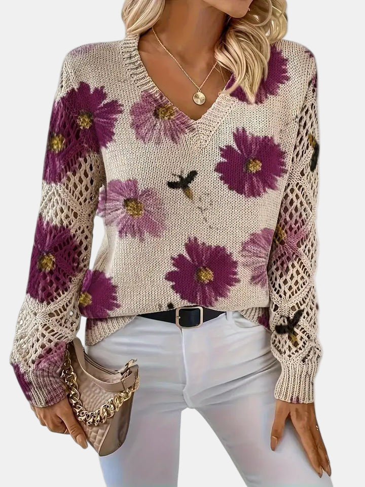 Floral V-Neck Long Sleeve Crochet Sleeve Knit Sweater 6