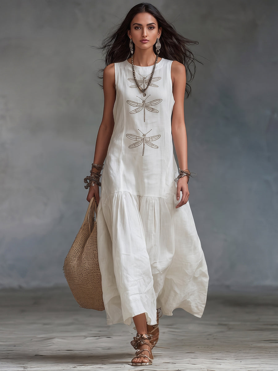 Sleeveless Dragonfly Print Tiered Maxi Dress 8