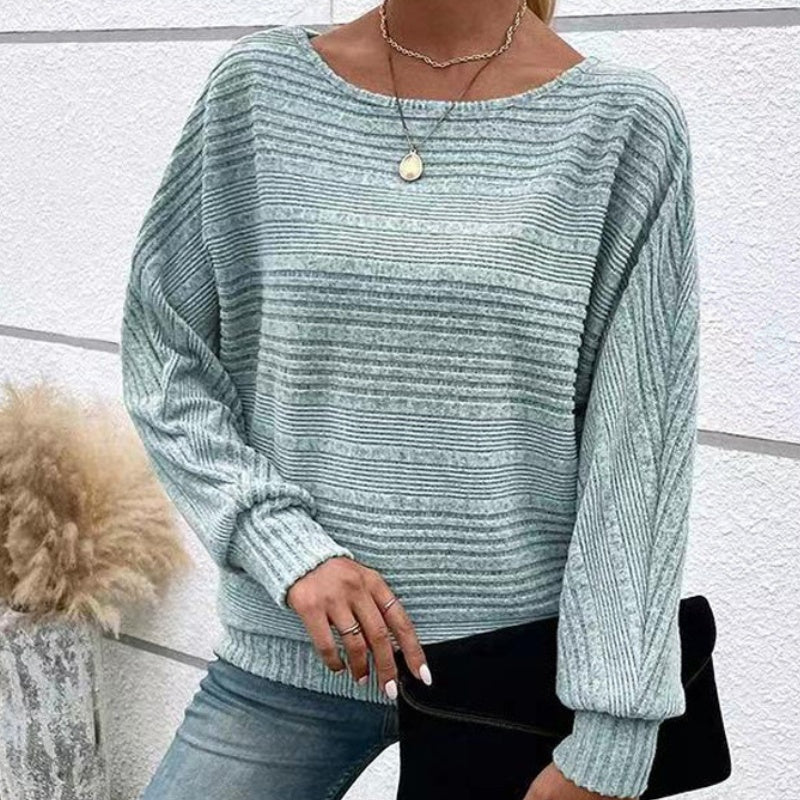 Striped Boat Neck Batwing Long Sleeve Knit Top 5