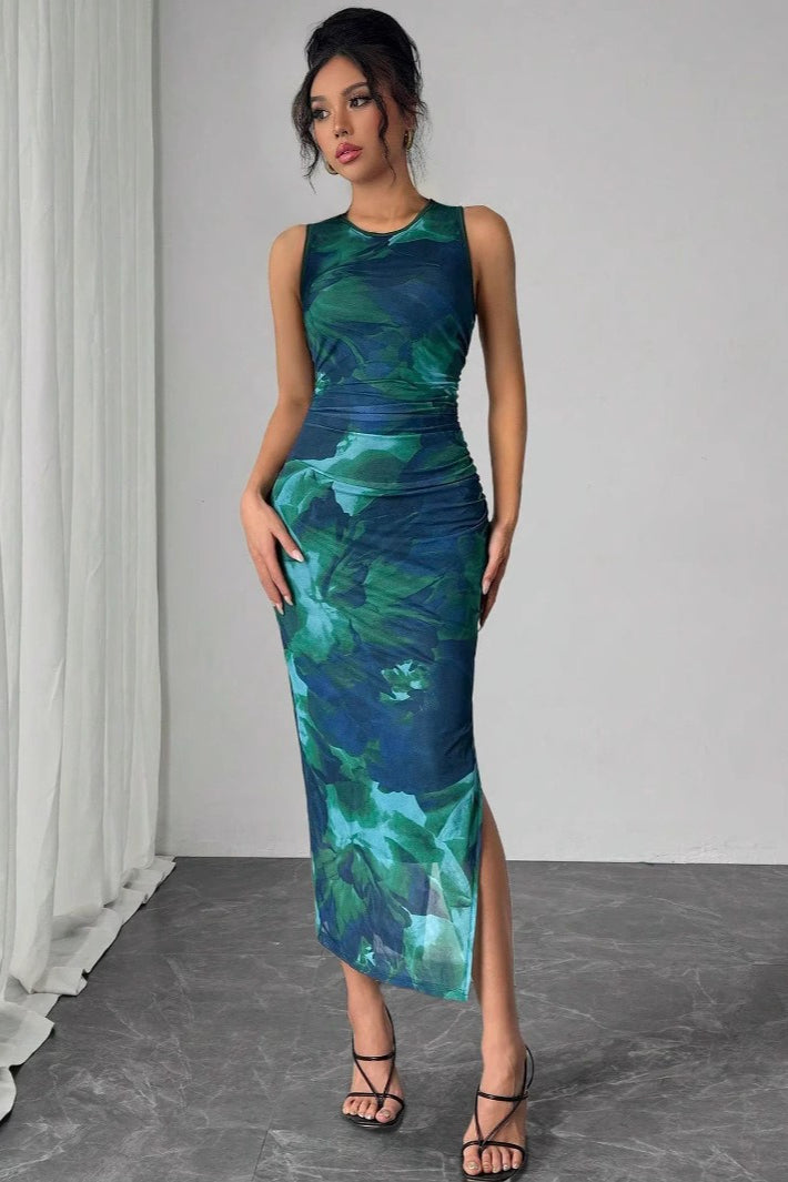 Sleeveless Mesh Printed Maxi Dress - View 3