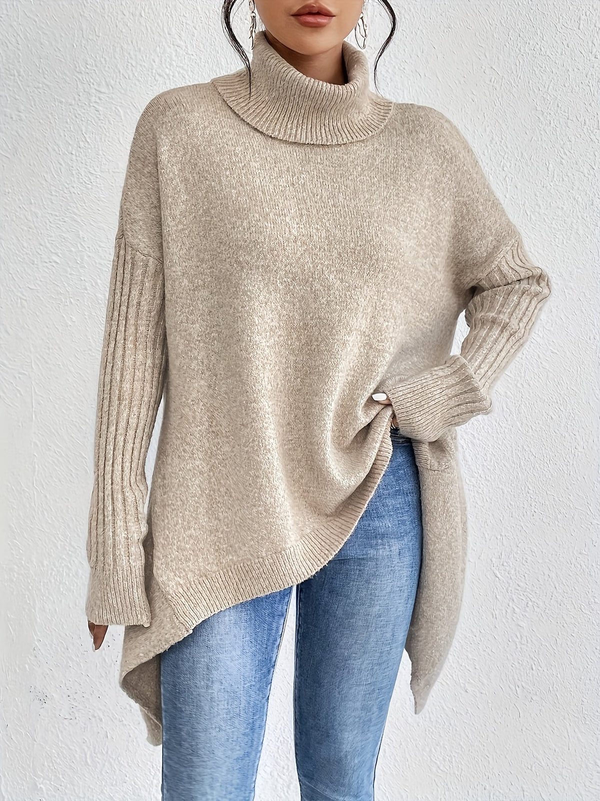 Turtleneck Drop Shoulder High Low Split Hem Oversized Sweater 7