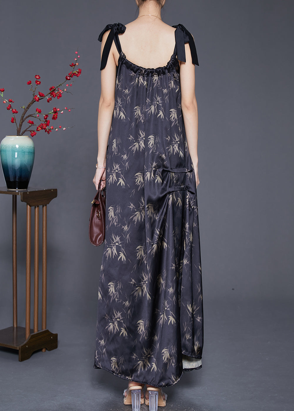 Bamboo Leaf Print Gathered Neck Bow Tie Strap Pocket Maxi Dress - View 4
