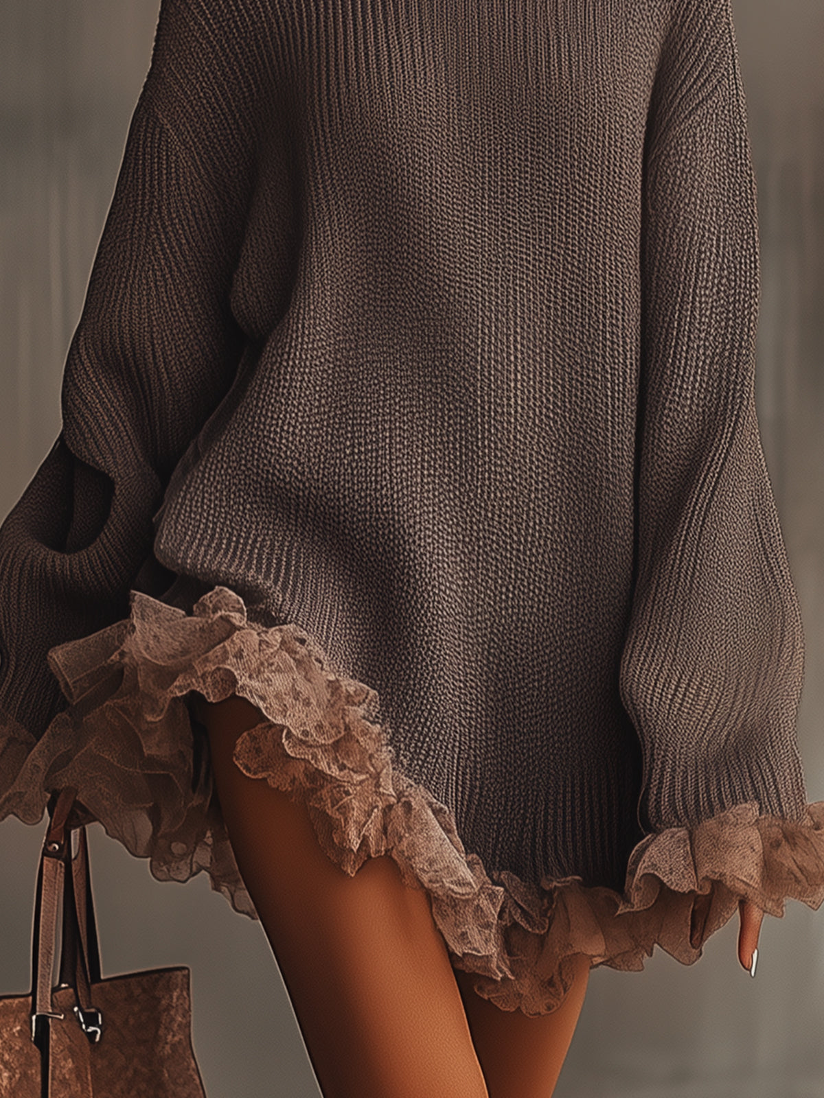 Turtleneck Oversized Tulle Ruffle Hem Sweater Dress 2