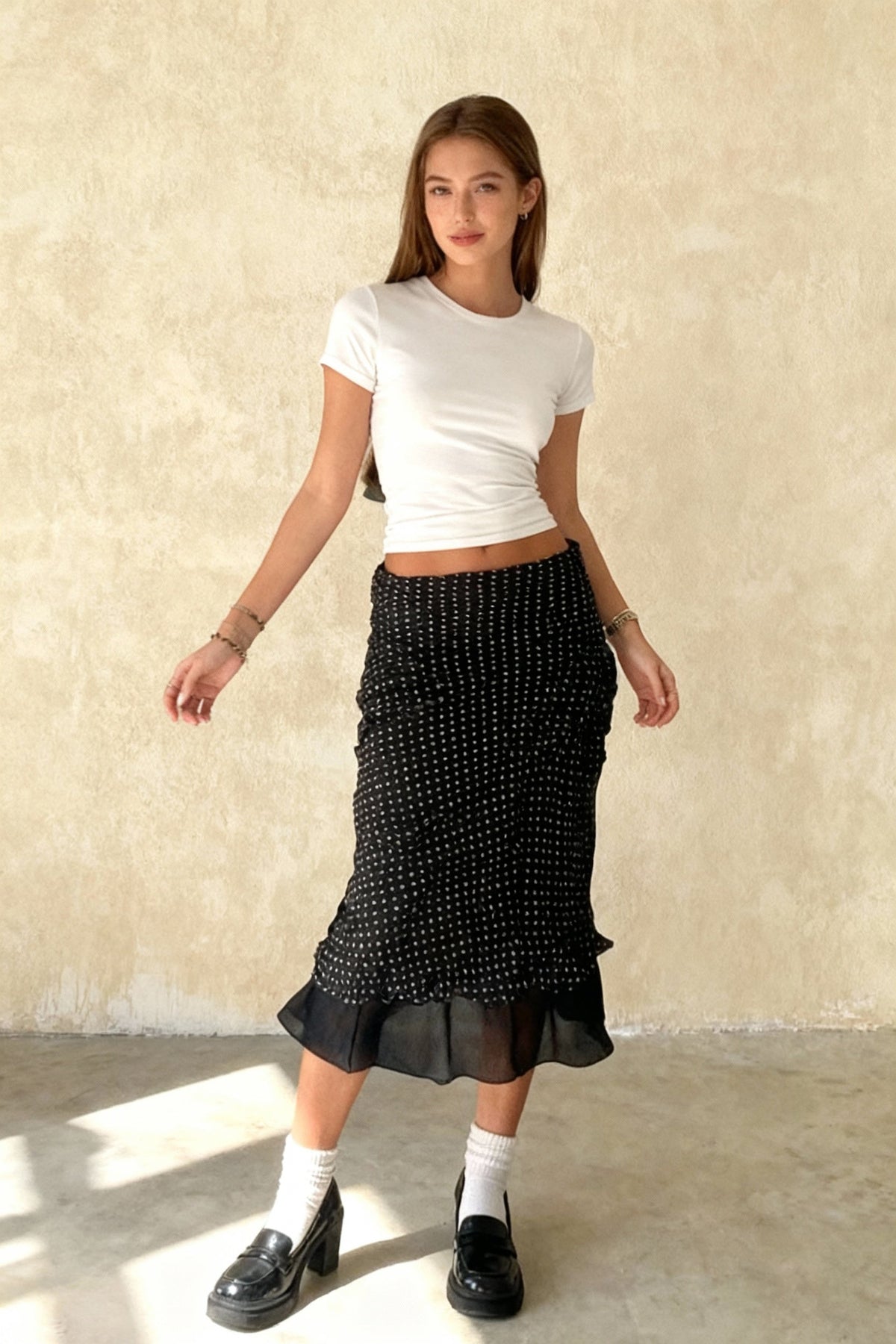 Polka Dot A-Line Mesh Midi Skirt