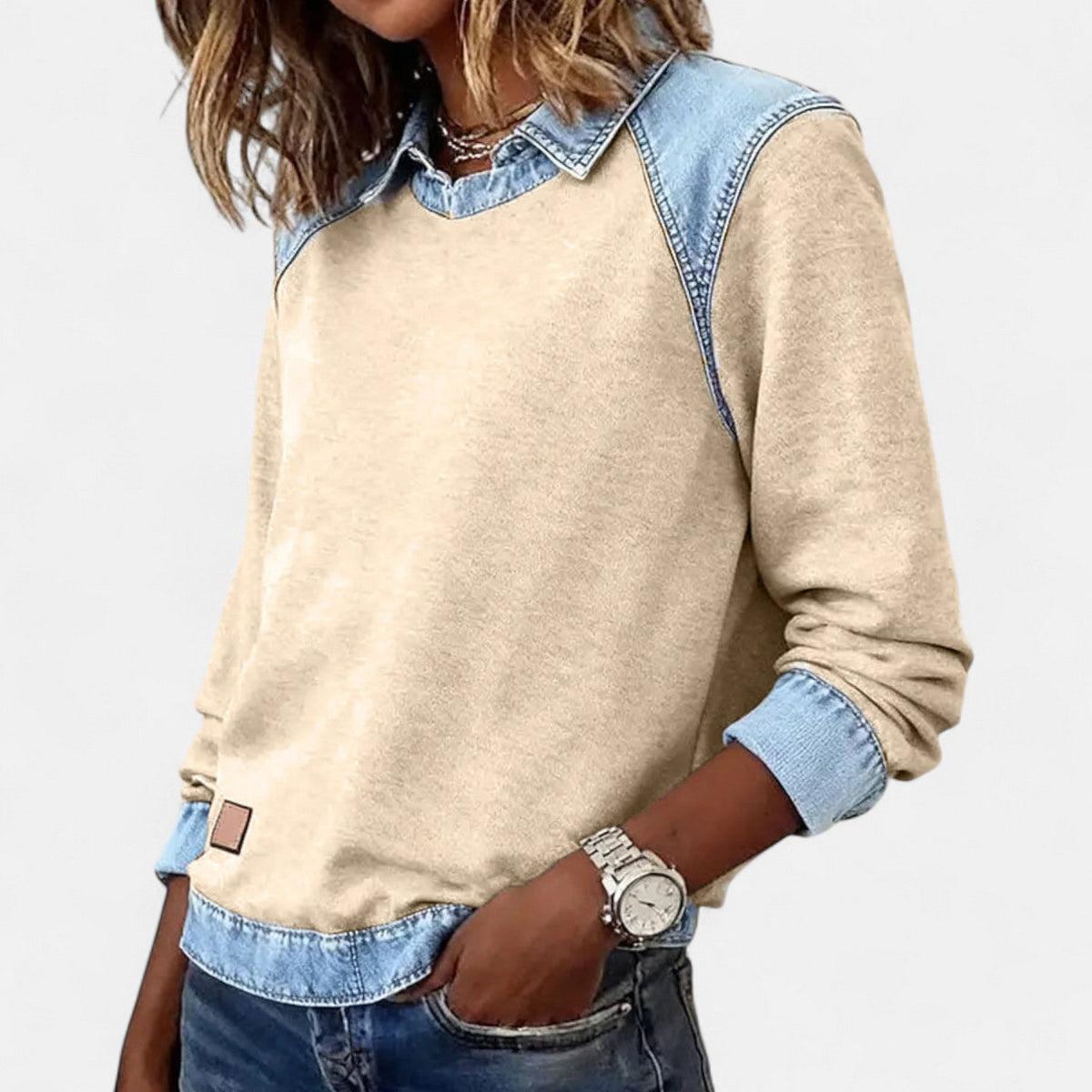 Crew Neck Denim Contrast Panel Sweatshirt 15