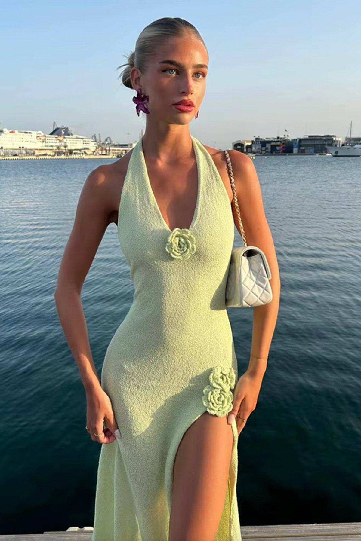 Knit Halter Neck Deep V-Neck Floral Applique High Split Maxi Dress