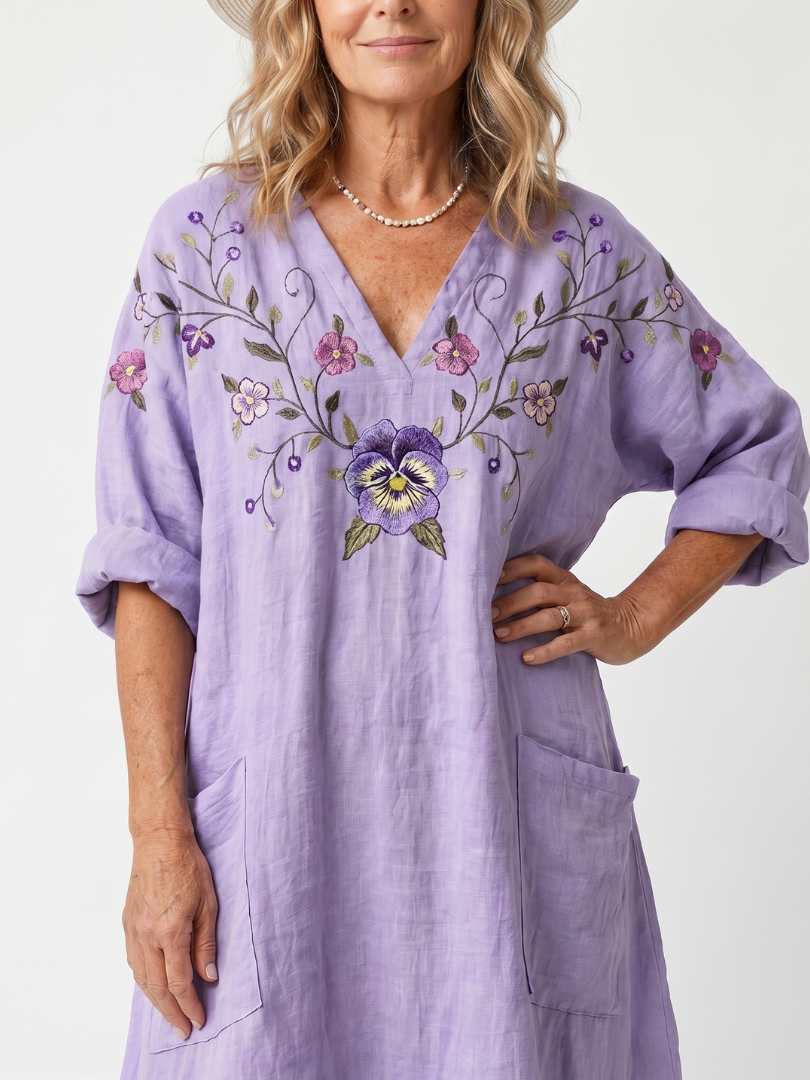 Floral Embroidered V-Neck Rolled Sleeve Pocket Midi Dress 3