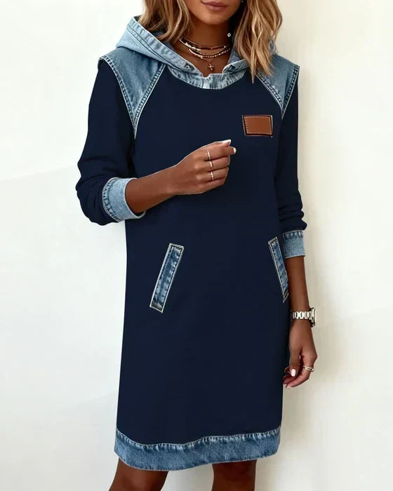 Hooded Denim Contrast Long Sleeve Sweatshirt Dress 15
