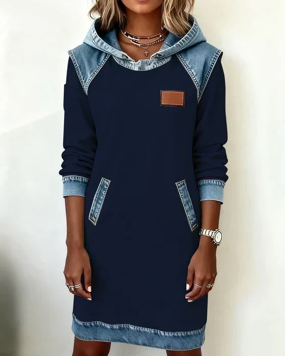 Hooded Denim Contrast Long Sleeve Sweatshirt Dress 14