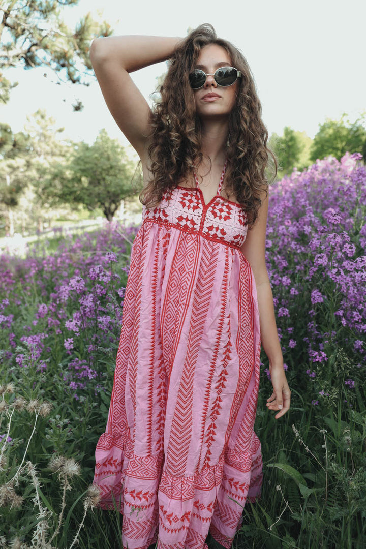 Embroidered Halter Neck Backless Maxi Dress - View 6