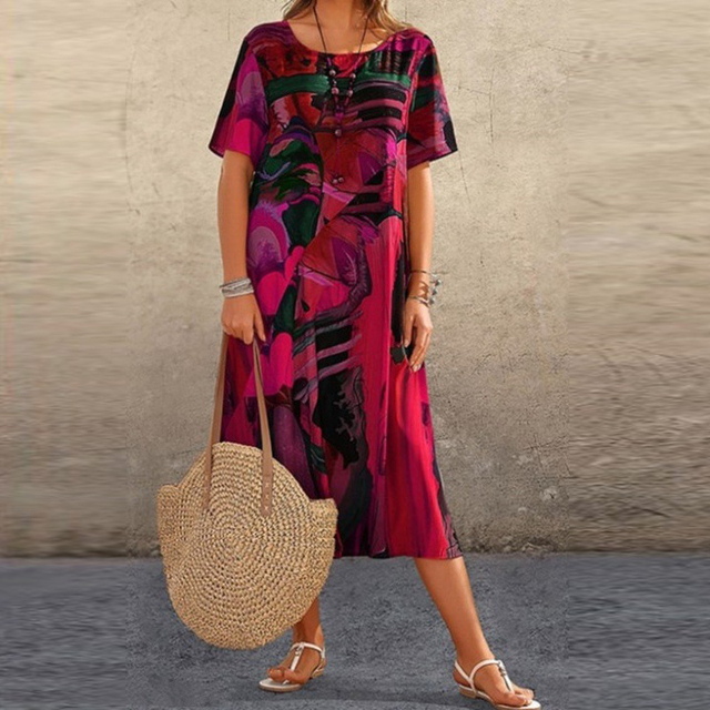 Scoop Neck Short Sleeve Shift Midi Summer Dress - View 3