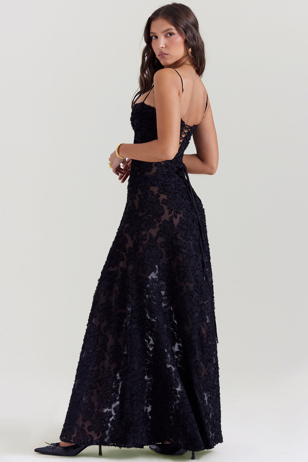 Floral Lace Spaghetti Strap Corset Bodice Sheer Mesh Maxi Gown 37