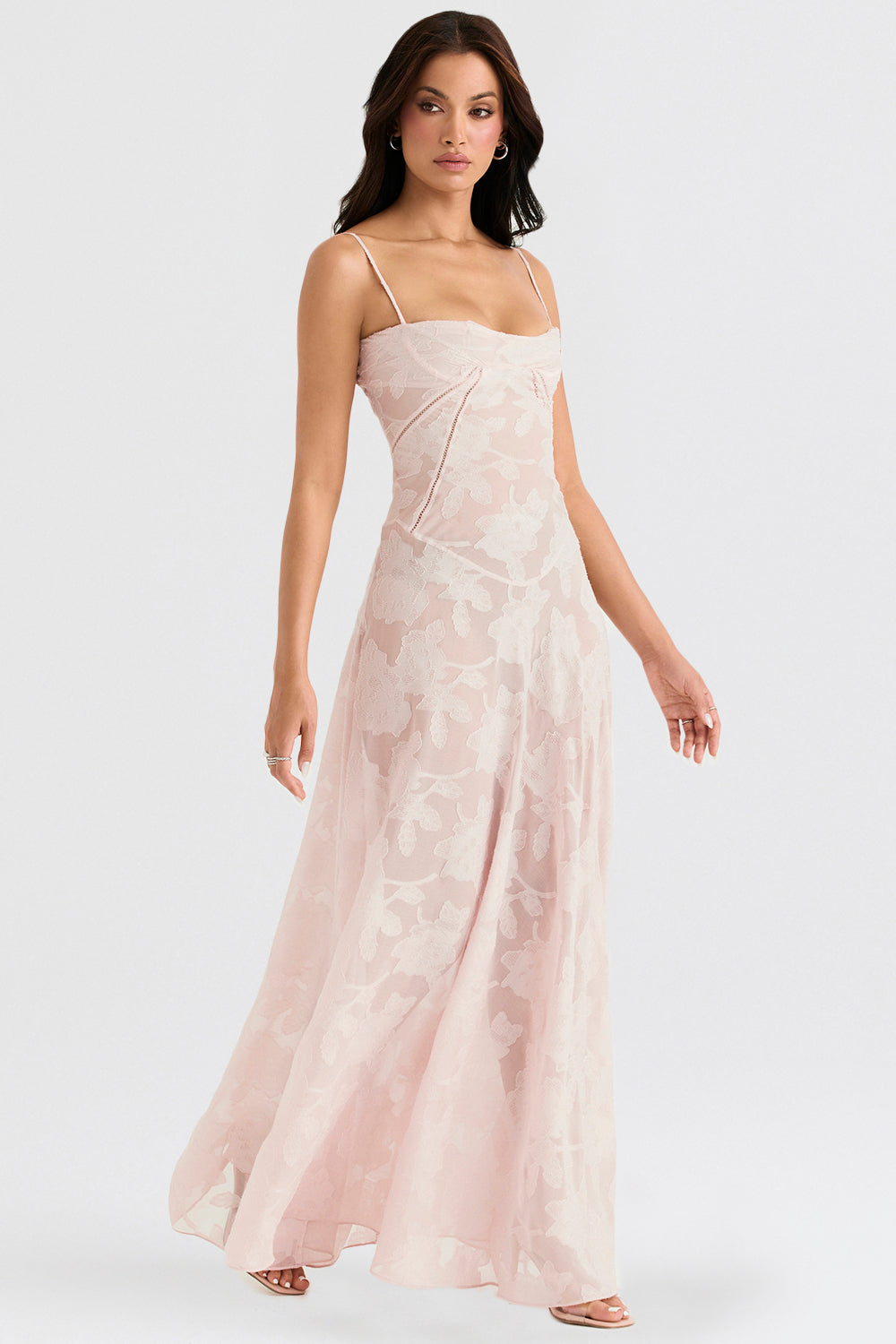 Floral Lace Spaghetti Strap Corset Bodice Sheer Mesh Maxi Gown - View 12