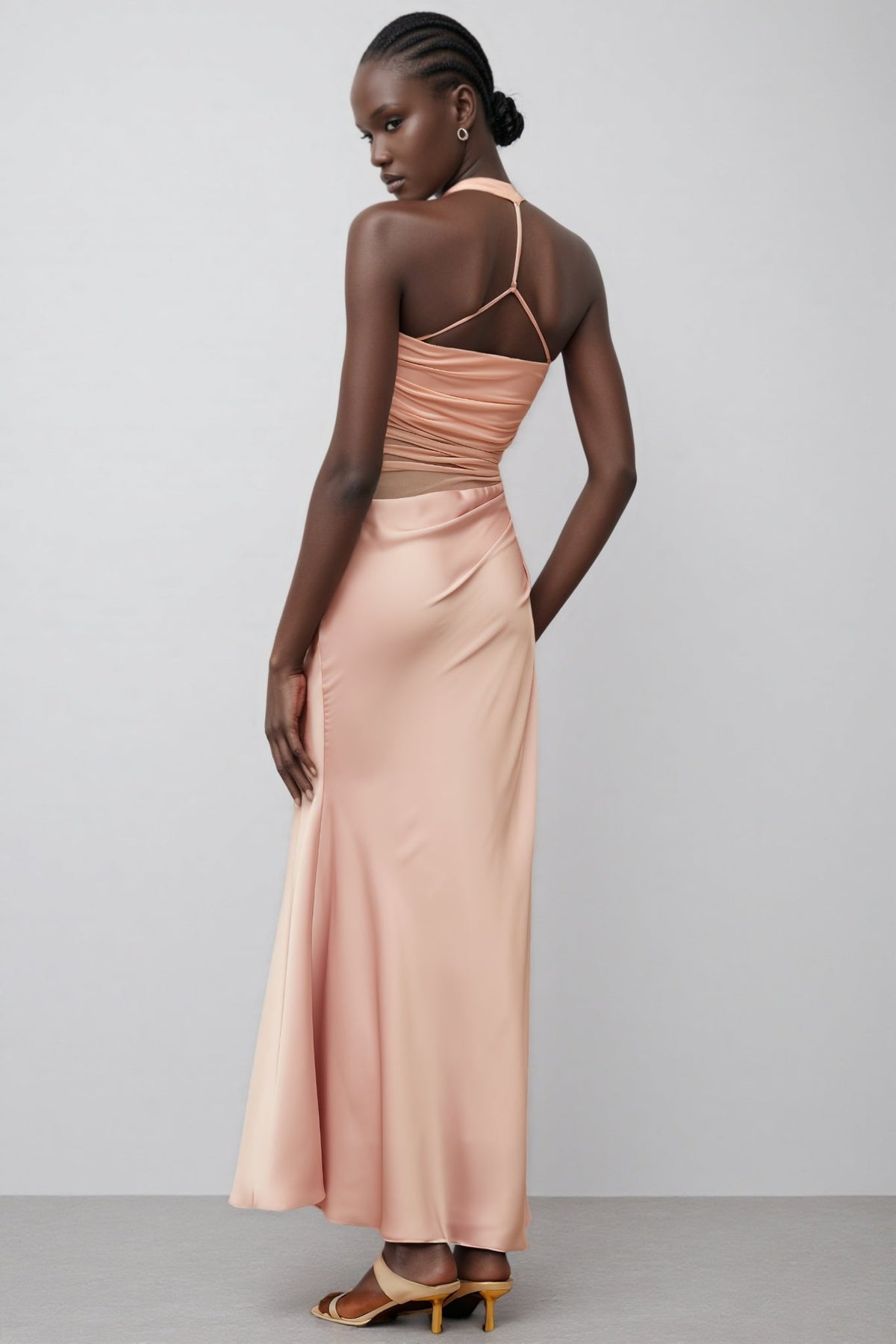 Devin Pink Mesh Panel Ruched Maxi Dress - View 3