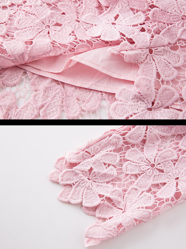 Floral Lace Round Neck Elbow Sleeve Scalloped Hem Shift Mini Dress - View 7