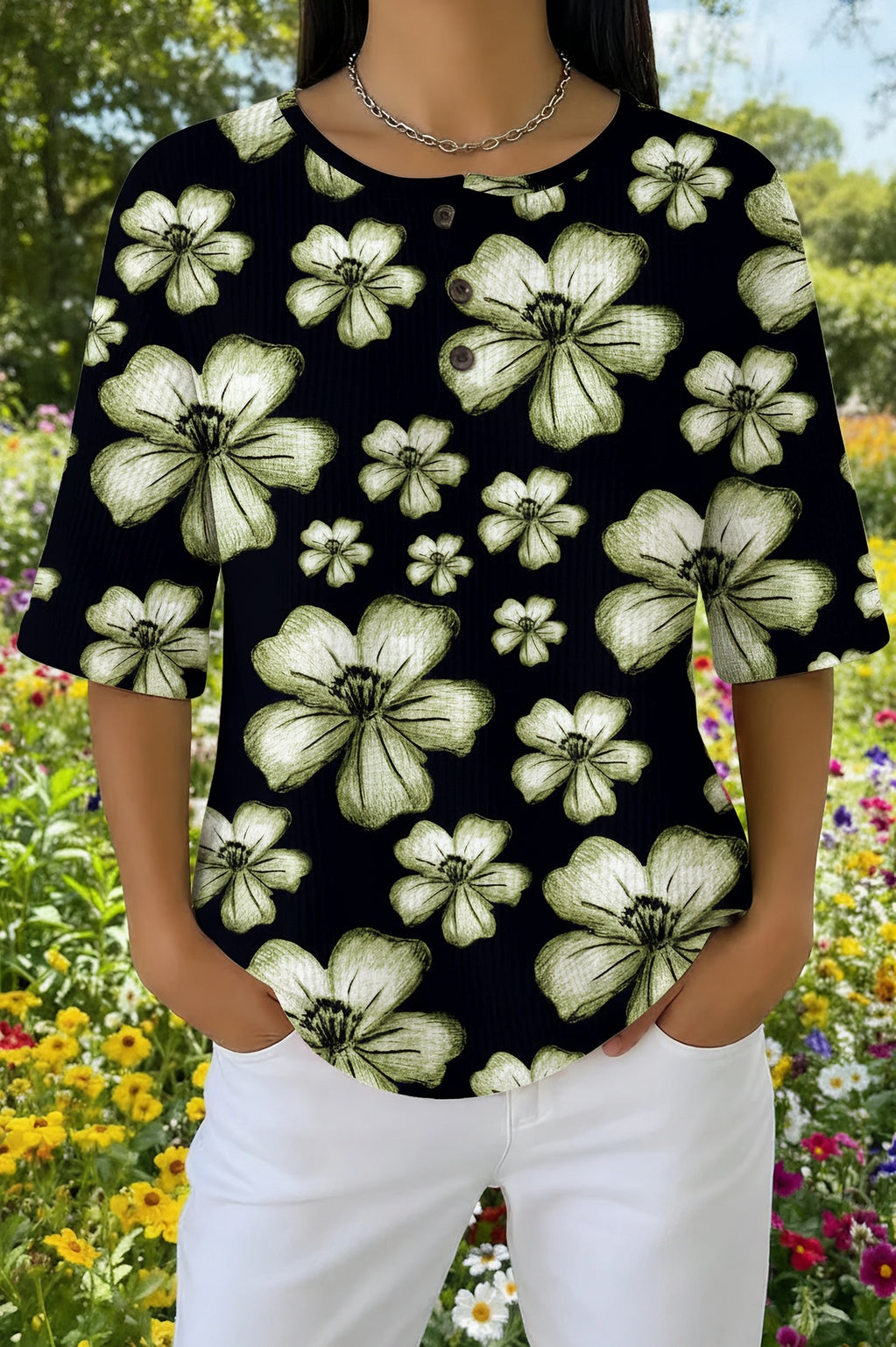 Sketch Floral Print Waffle Knit Short Sleeve Henley Top