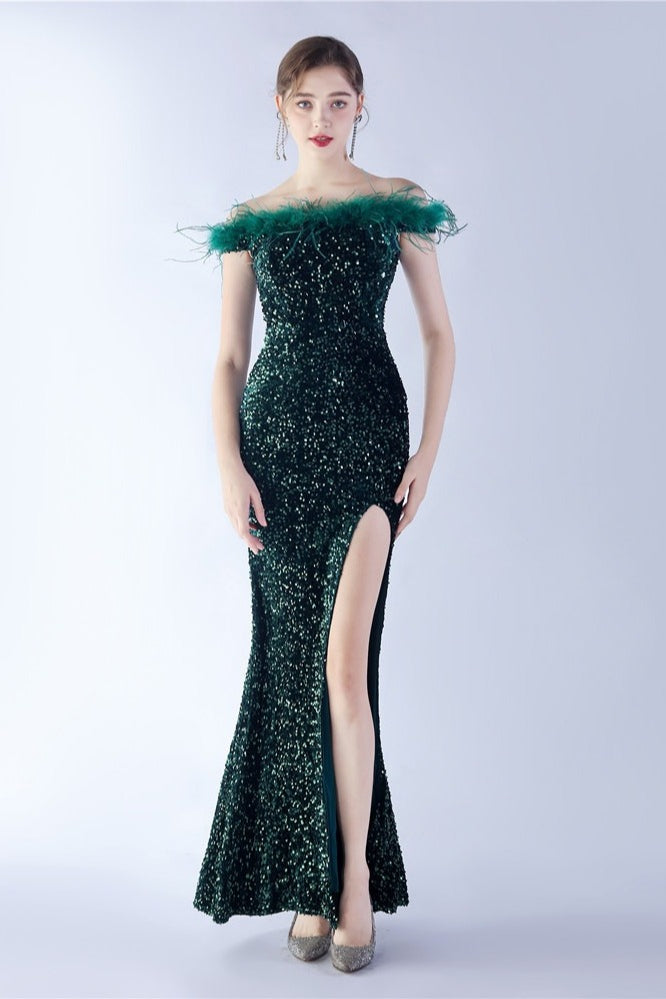 Sequin Off Shoulder Feather Trim High Split Mermaid Gown - View 15