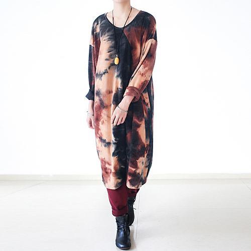 Tie Dye Print Long Sleeve Oversized Crew Neck Midi Dress