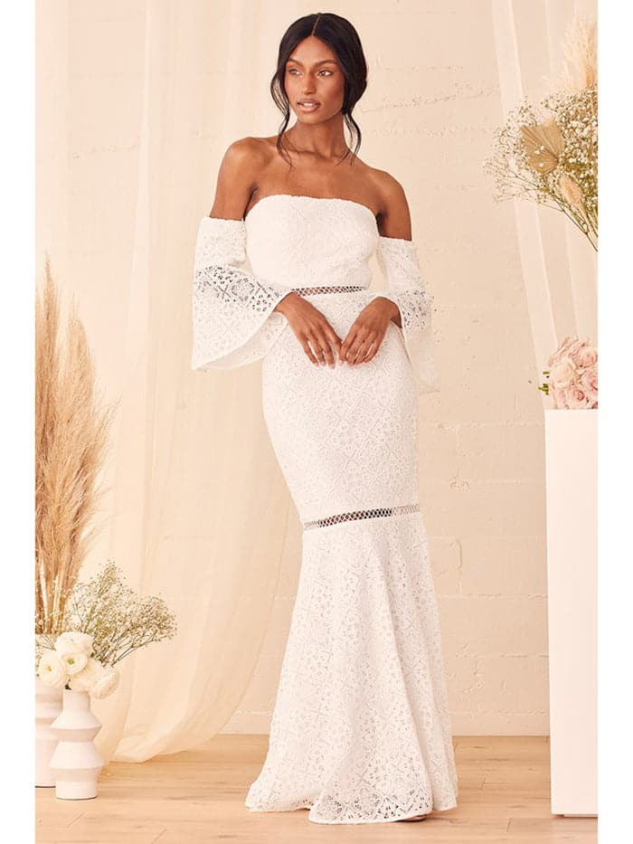 Off Shoulder Lace Bell Sleeve Mermaid Lace Trim Formal Gown - View 5
