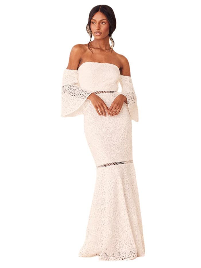 Off Shoulder Lace Bell Sleeve Mermaid Lace Trim Formal Gown - View 4