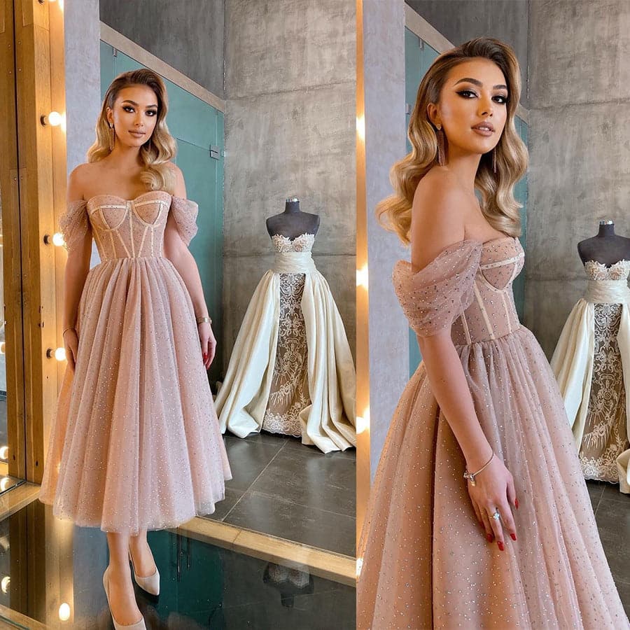 Off Shoulder Sweetheart Corset Beaded Tulle A-Line Gown - View 3