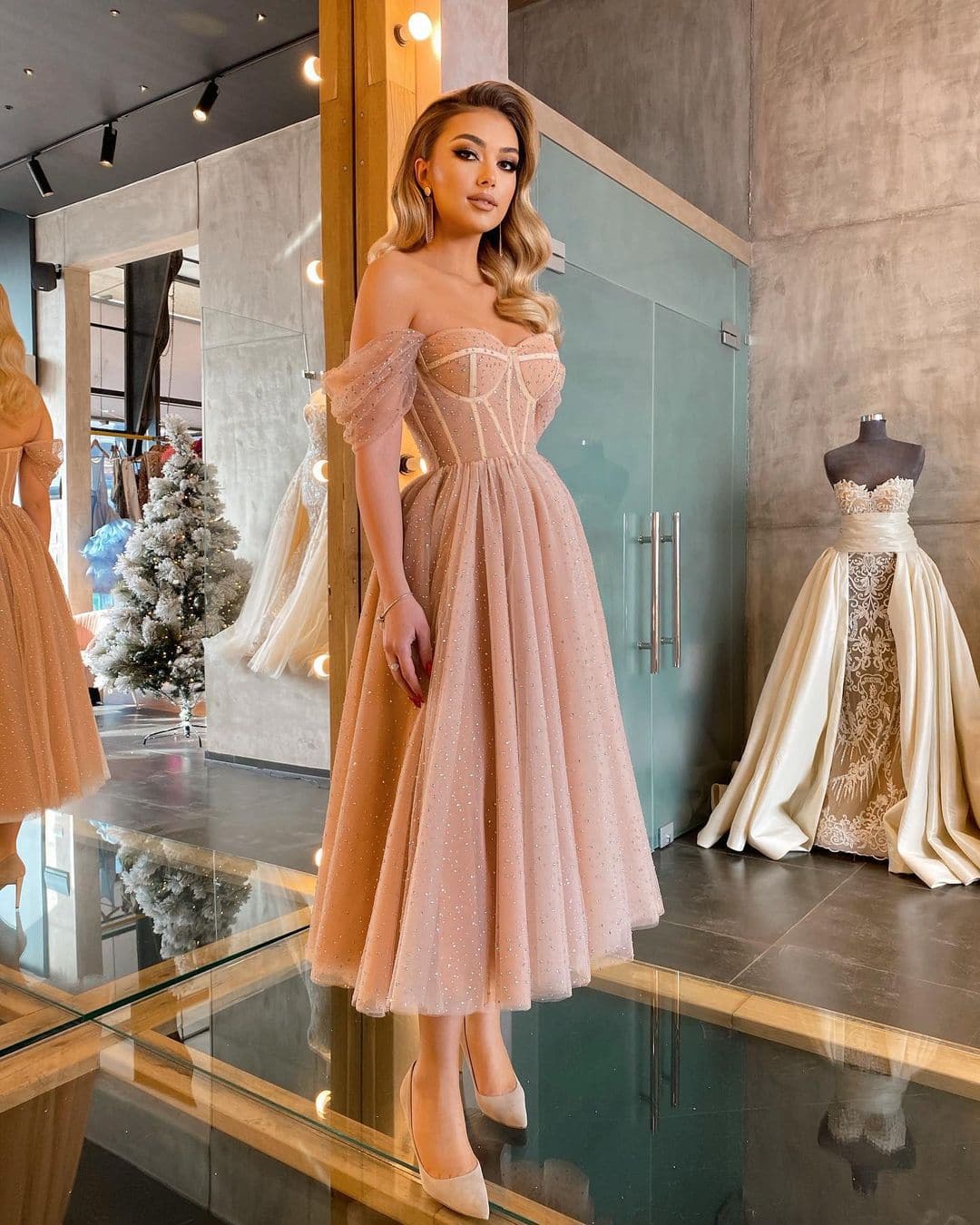 Off Shoulder Sweetheart Corset Beaded Tulle A-Line Gown - View 4