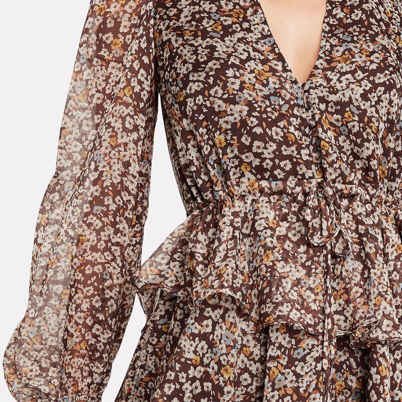 Chiffon Deep V-Neck Long Sleeve Tie Waist Tiered Mini Dress - View 4
