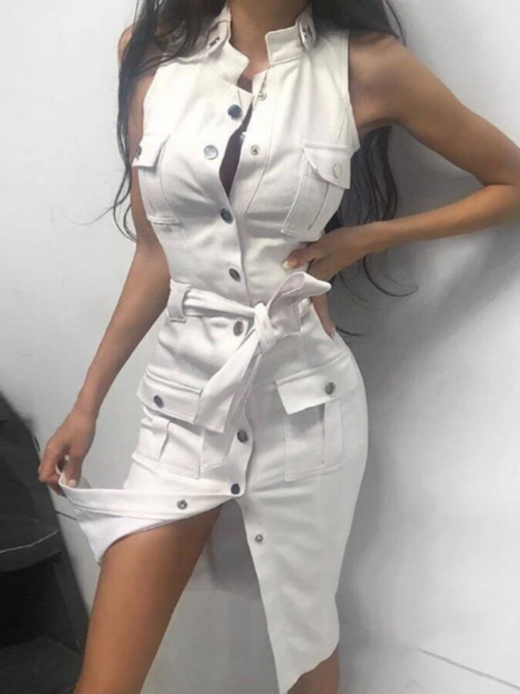 Sleeveless Mandarin Collar Button Front Cargo Pocket Belted Mini Dress - View 3