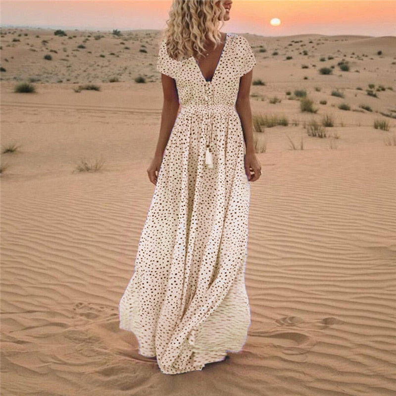 Short Sleeve Deep V-Neck Polka Dot Drawstring Waist Tassel Dress