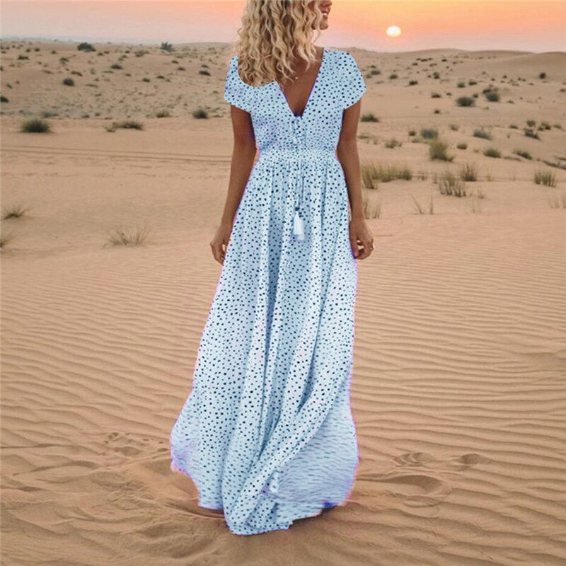 Short Sleeve Deep V-Neck Polka Dot Drawstring Waist Tassel Dress - View 9