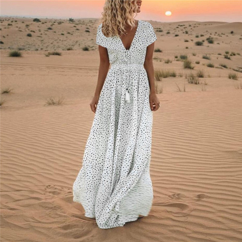 Short Sleeve Deep V-Neck Polka Dot Drawstring Waist Tassel Dress - View 4