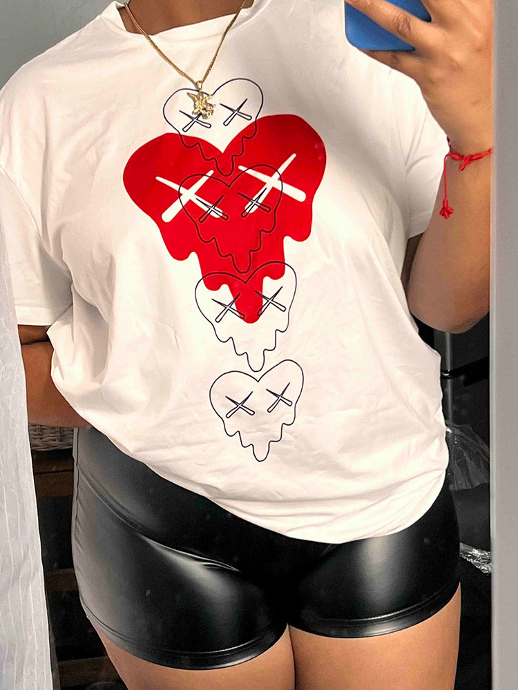 Heart Print Raglan Trendy Short Sleeve Tee