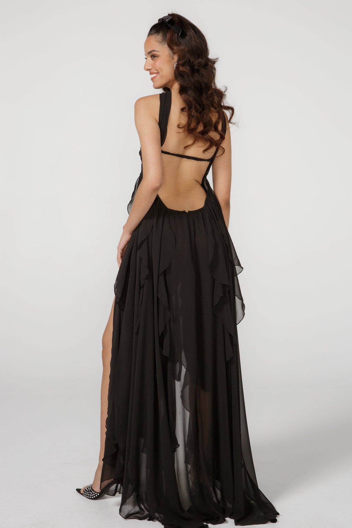 Strapless Ruched Star Embellishment Tiered Ruffle Sheer Maxi Gown - View 5