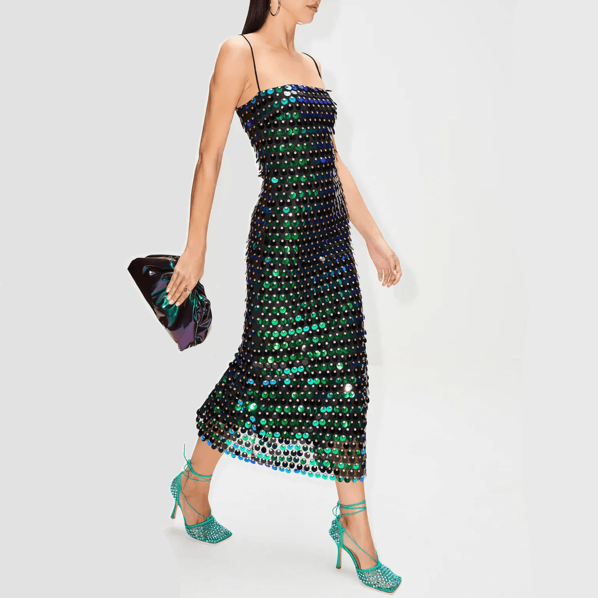 Sequin Spaghetti Strap Square Neck Column Midi Dress