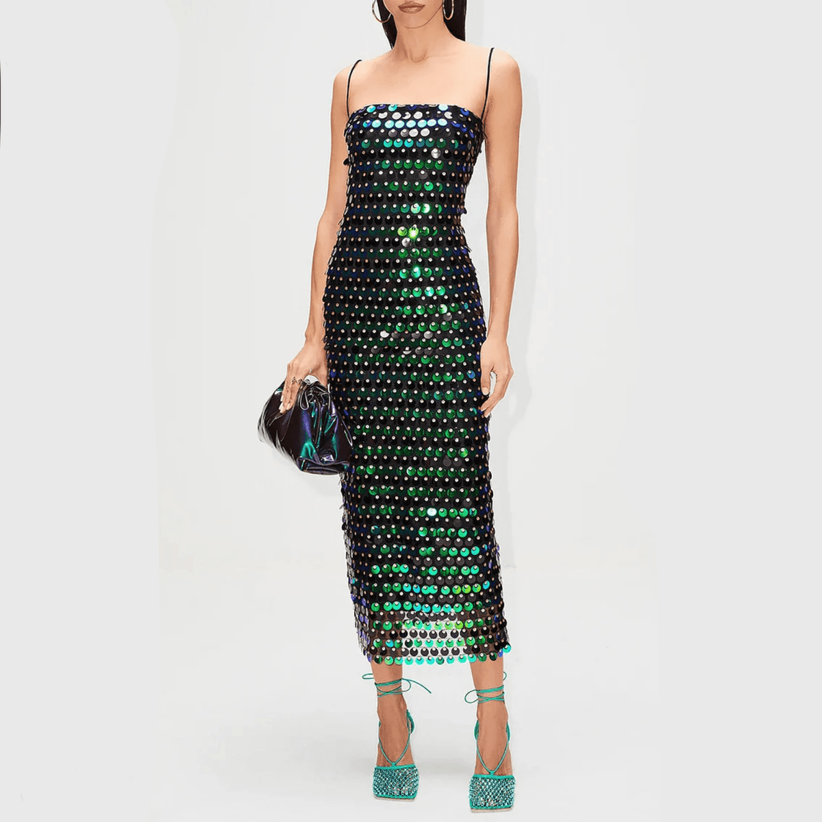 Sequin Spaghetti Strap Square Neck Column Midi Dress - View 9