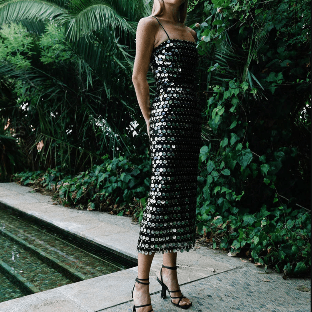 Sequin Spaghetti Strap Square Neck Column Midi Dress - View 8