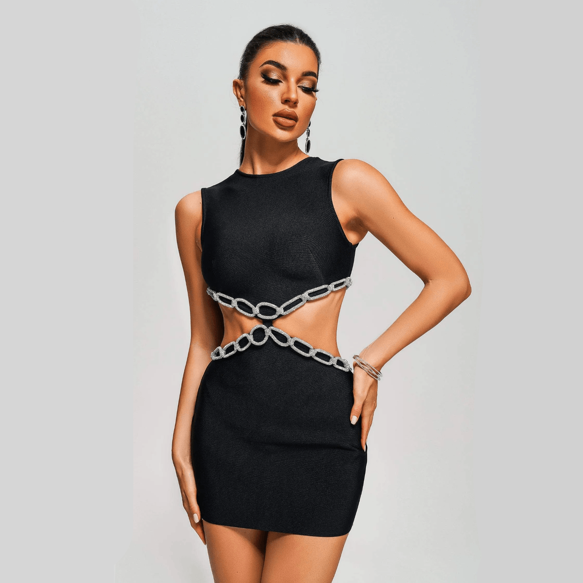 Crew Neck Sleeveless Rhinestone Chain Cut Out Bodycon Mini Dress - View 11