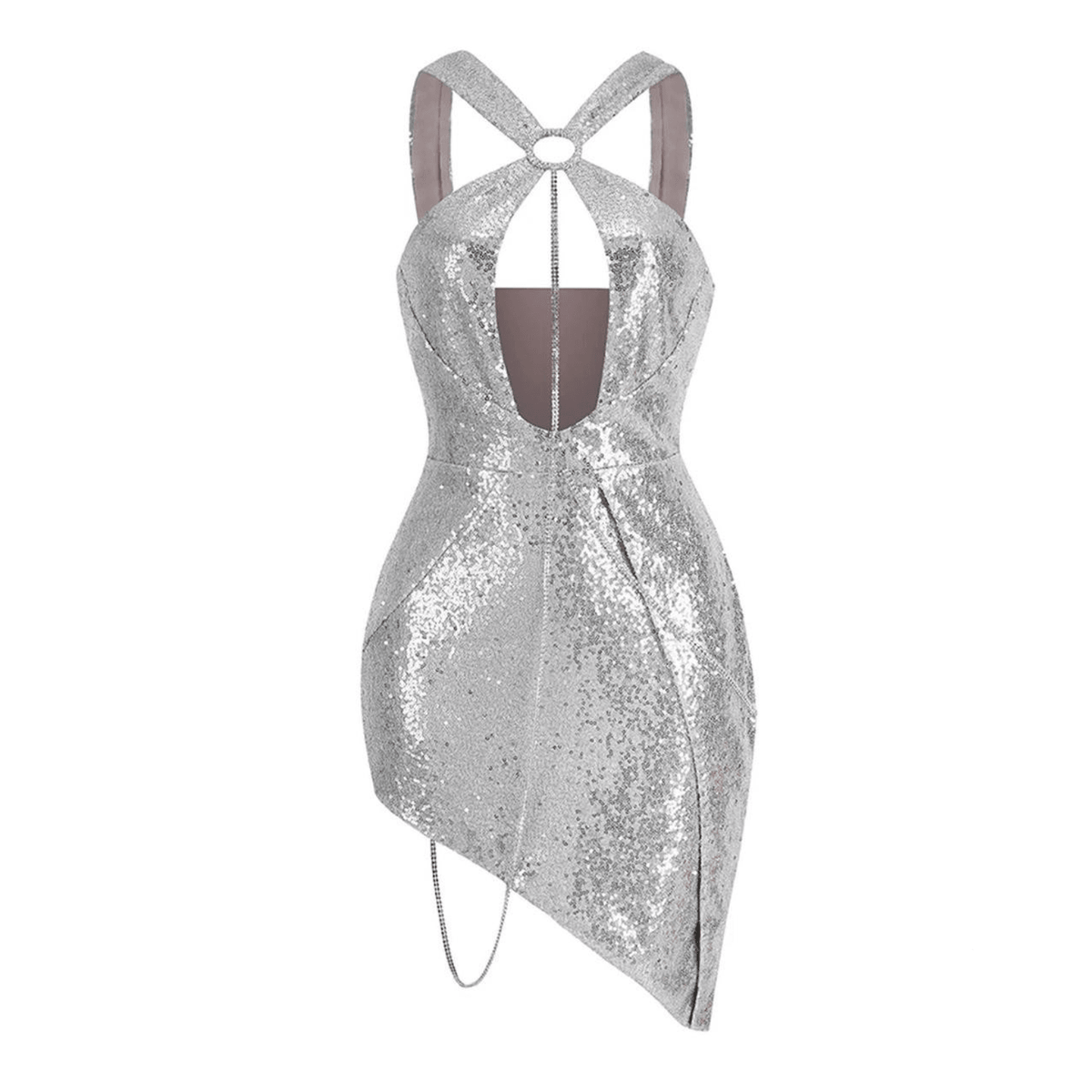 Sequin Halter Neck Cut Out Chain Asymmetric Mini Dress - View 7
