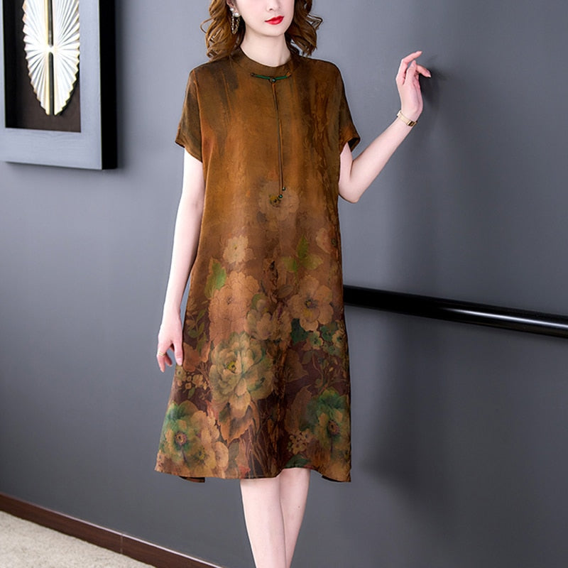 Floral Print Short Sleeve Round Neck Cord Tie Loose Shift Midi Dress - View 4