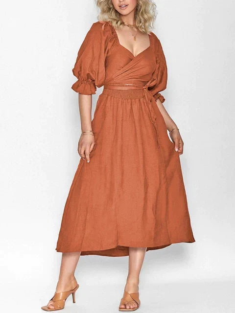 Square Neck Smocked Puff Sleeve Tie Waist Flowy Maxi Summer Dress - View 9