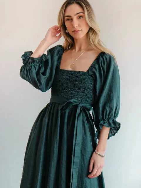 Square Neck Smocked Puff Sleeve Tie Waist Flowy Maxi Summer Dress - View 11
