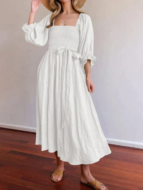 Square Neck Smocked Puff Sleeve Tie Waist Flowy Maxi Summer Dress - View 7