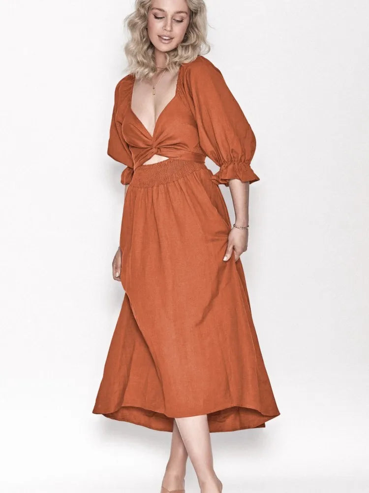 Square Neck Smocked Puff Sleeve Tie Waist Flowy Maxi Summer Dress - View 2