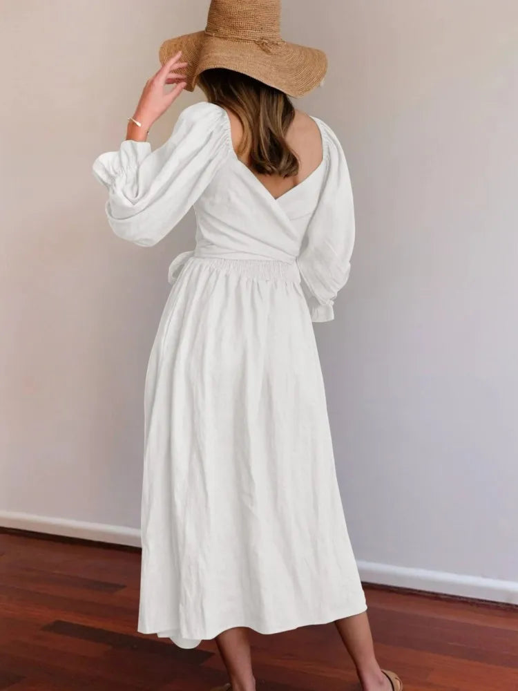 Square Neck Smocked Puff Sleeve Tie Waist Flowy Maxi Summer Dress - View 5