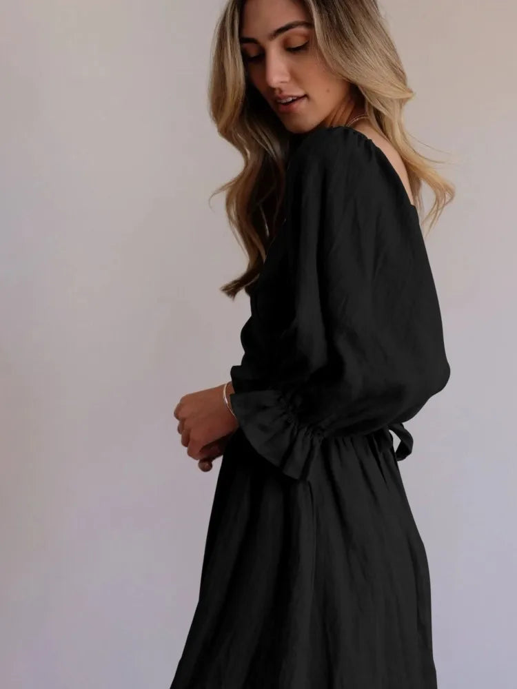 Square Neck Smocked Puff Sleeve Tie Waist Flowy Maxi Summer Dress - View 6