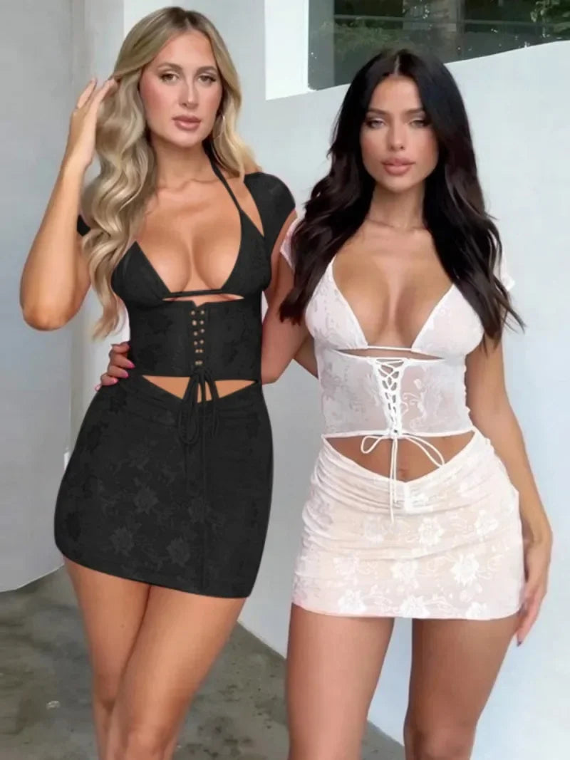 2024 Summer Hollow Out Halter Bandage Lace Dress - View 4