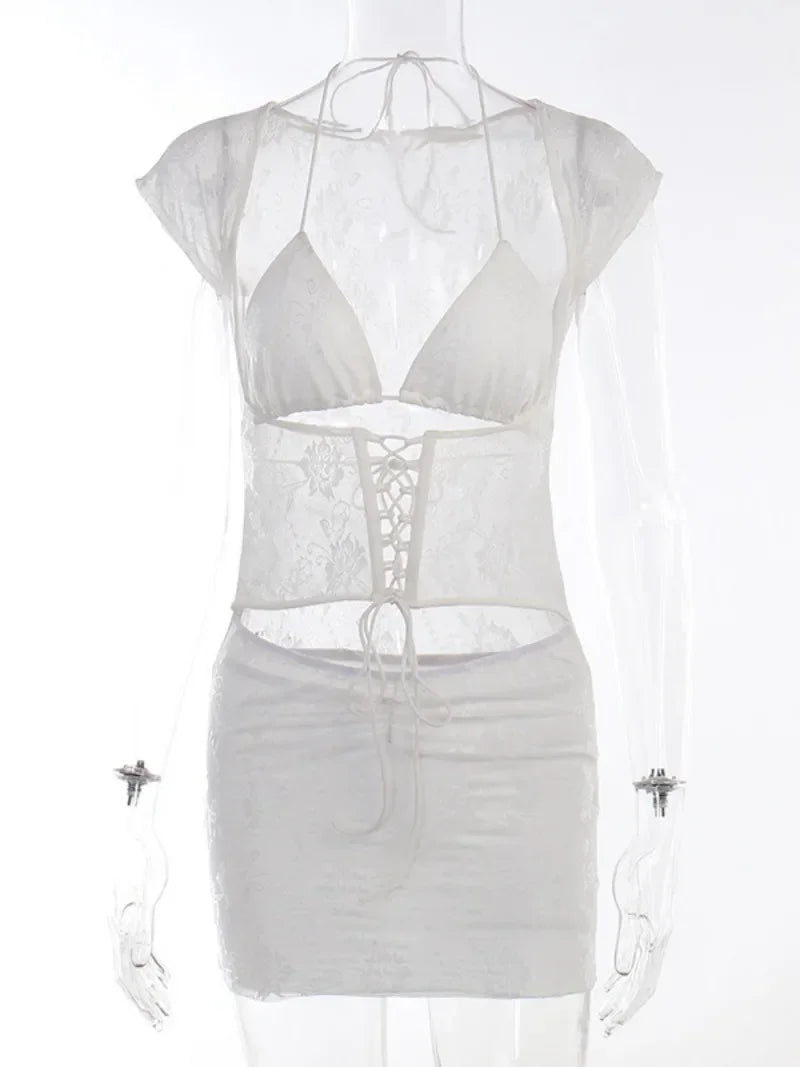 2024 Summer Hollow Out Halter Bandage Lace Dress - View 6